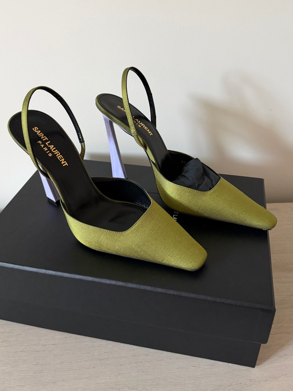 Saint Laurent Tom Blade Slingback Pumps in Lime and Lilac Size 38